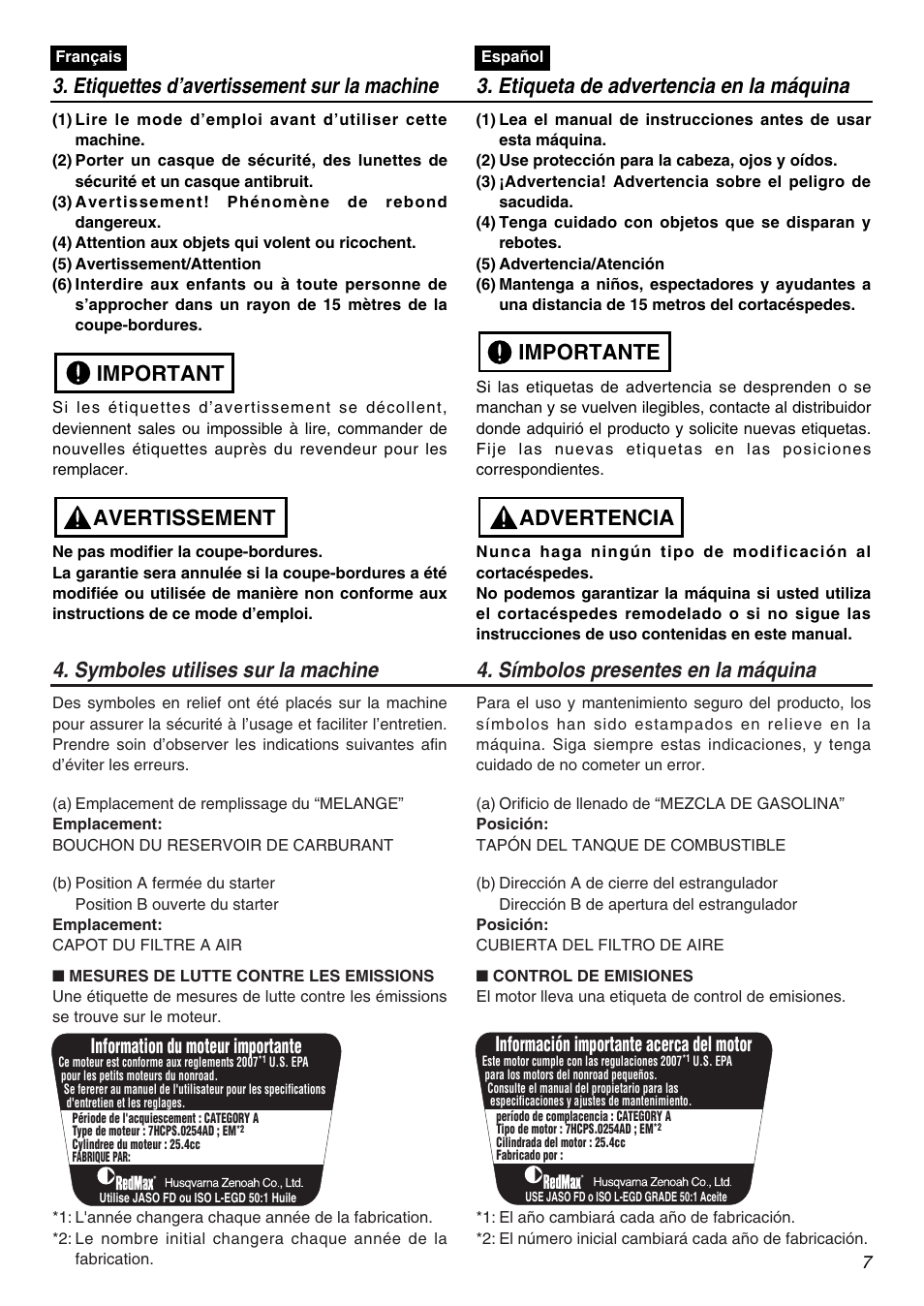 Avertissement important, Advertencia importante, Information du moteur importante | Información importante acerca del motor | RedMax HE250F User Manual | Page 7 / 52