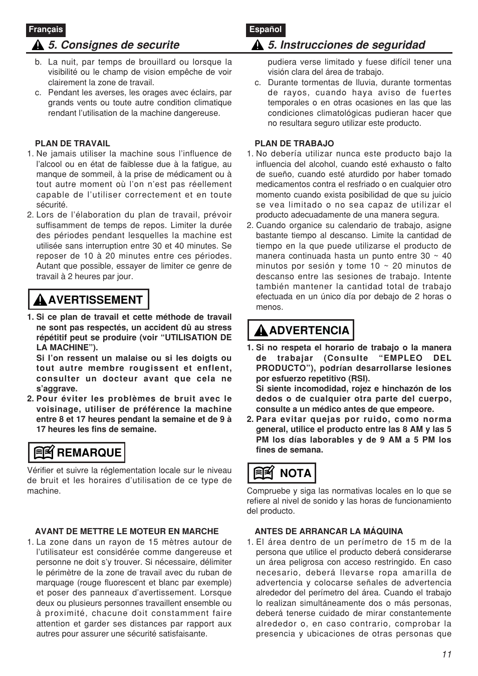Remarque avertissement | RedMax CHTZ2401 User Manual | Page 11 / 54