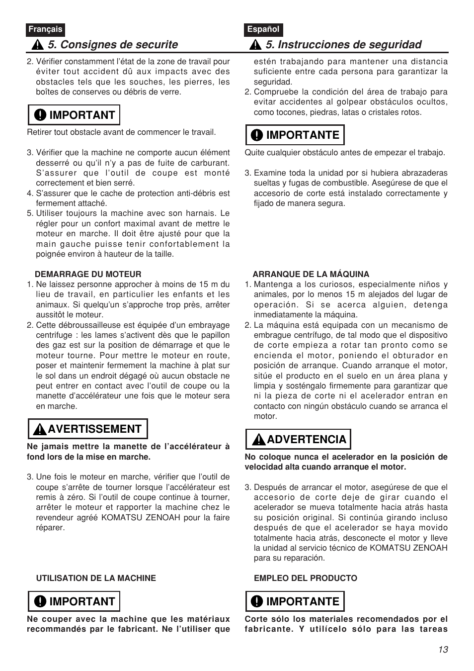 Important avertissement important | RedMax CHTZ2401 User Manual | Page 13 / 54