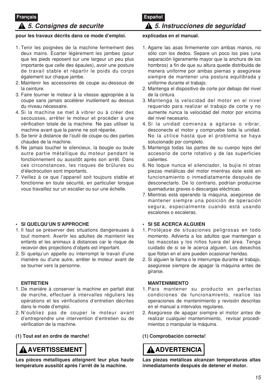 Avertissement | RedMax CHTZ2401 User Manual | Page 15 / 54