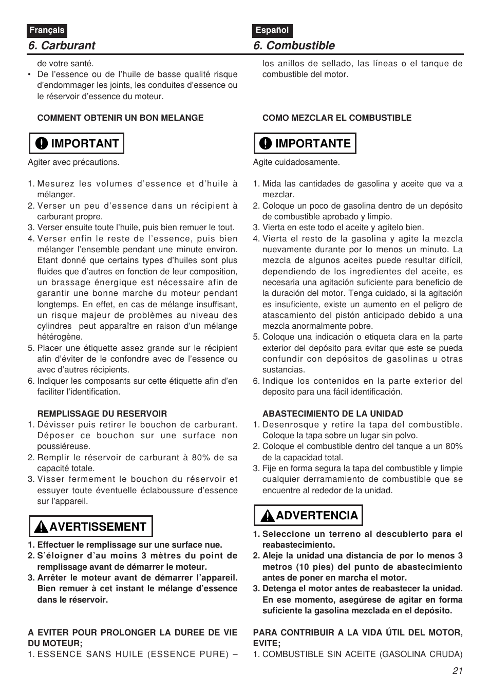 Avertissement important, Advertencia importante 6. carburant 6. combustible | RedMax CHTZ2401 User Manual | Page 21 / 54