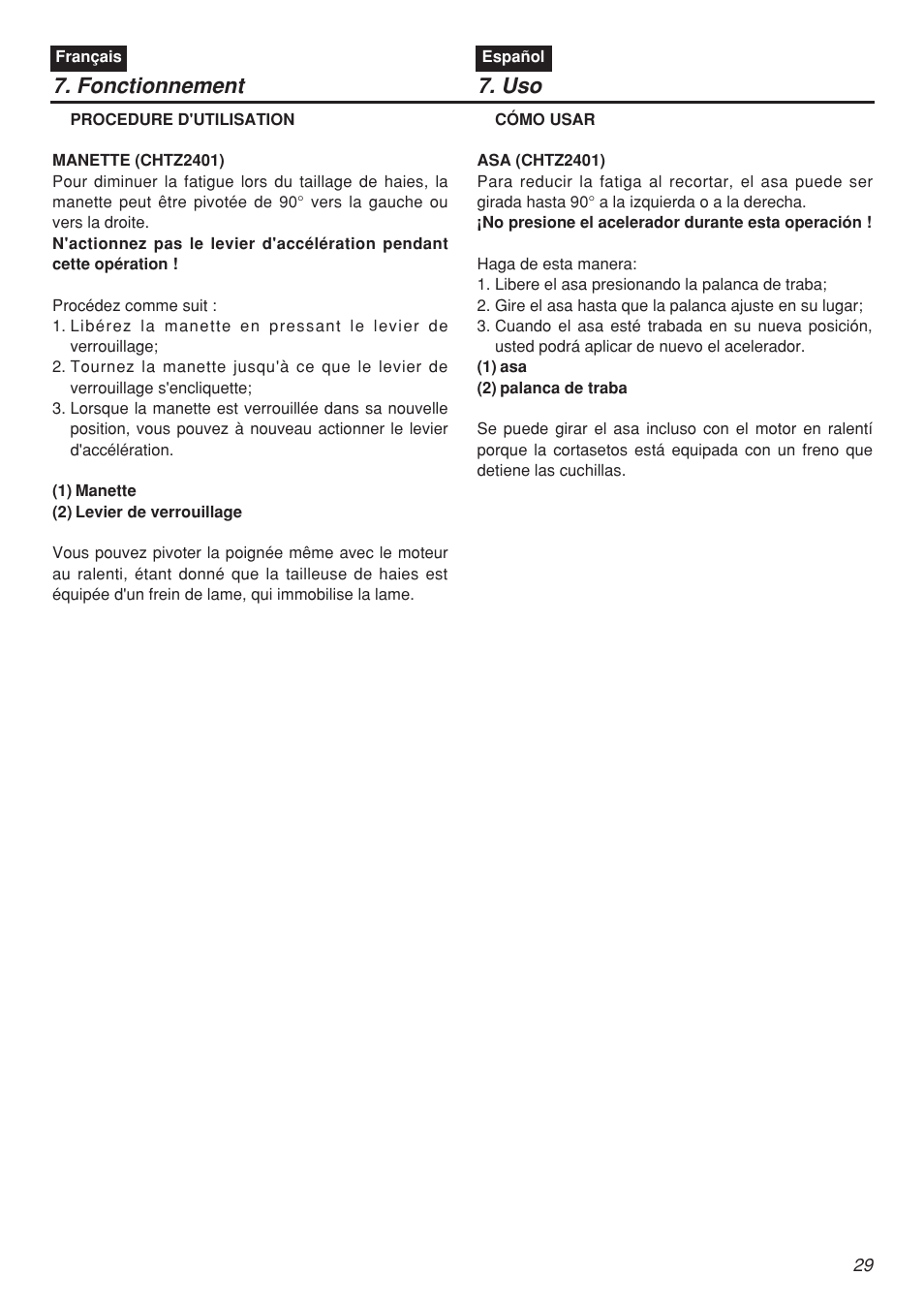 Fonctionnement 7. uso | RedMax CHTZ2401 User Manual | Page 29 / 54