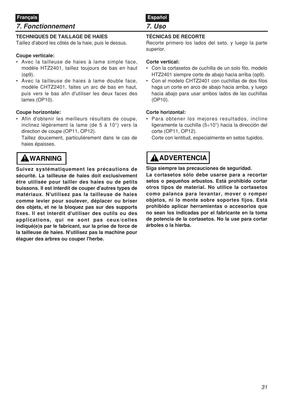 Fonctionnement 7. uso, Warning, Advertencia | RedMax CHTZ2401 User Manual | Page 31 / 54