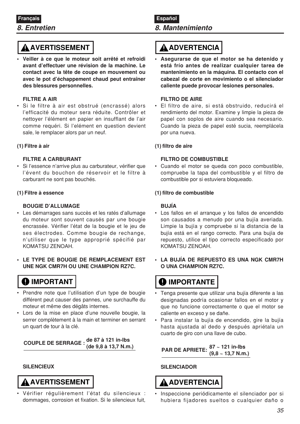 Entretien 8. mantenimiento, Avertissement important avertissement, Advertencia importante advertencia | RedMax CHTZ2401 User Manual | Page 35 / 54