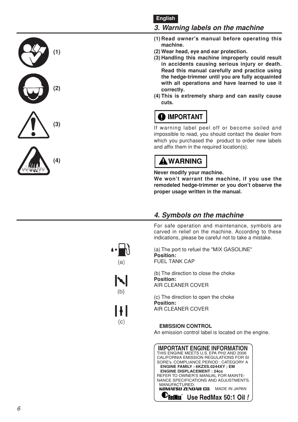 Warning labels on the machine, Warning important 4. symbols on the machine | RedMax CHTZ2401 User Manual | Page 6 / 54