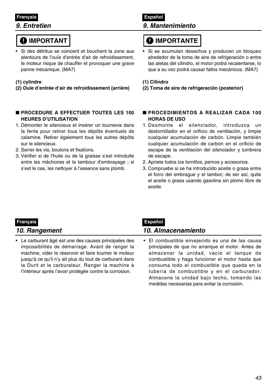 Entretien 9. mantenimiento, Important, Importante | Rangement 10. almacenamiento | RedMax SRTZ2401 User Manual | Page 43 / 56