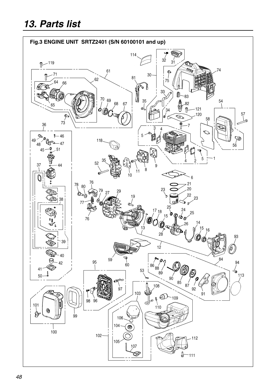 Parts list | RedMax SRTZ2401 User Manual | Page 48 / 56
