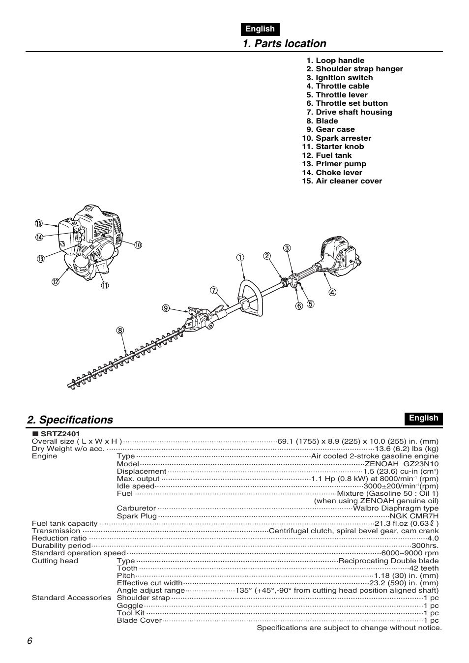 Parts location, Specifications | RedMax SRTZ2401 User Manual | Page 6 / 56