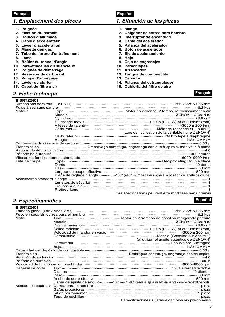 Emplacement des pieces 1. situación de las piezas, Fiche technique, Especificaciohes | RedMax SRTZ2401 User Manual | Page 7 / 56