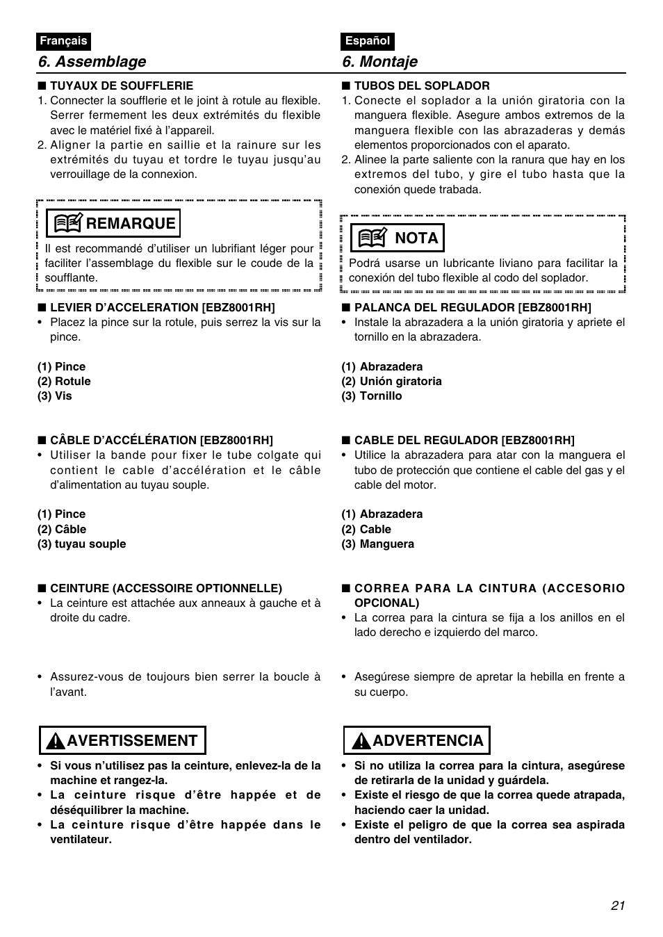 Assemblage 6. montaje, Avertissement remarque, Advertencia nota | RedMax EBZ8001 User Manual | Page 21 / 56