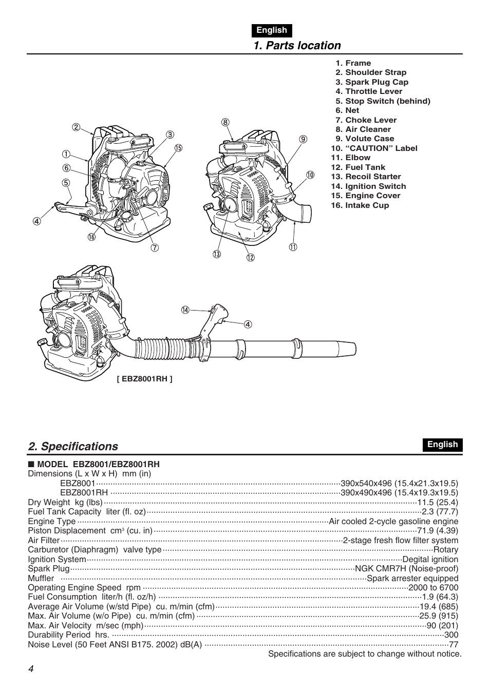 Parts location, Specifications | RedMax EBZ8001 User Manual | Page 4 / 56