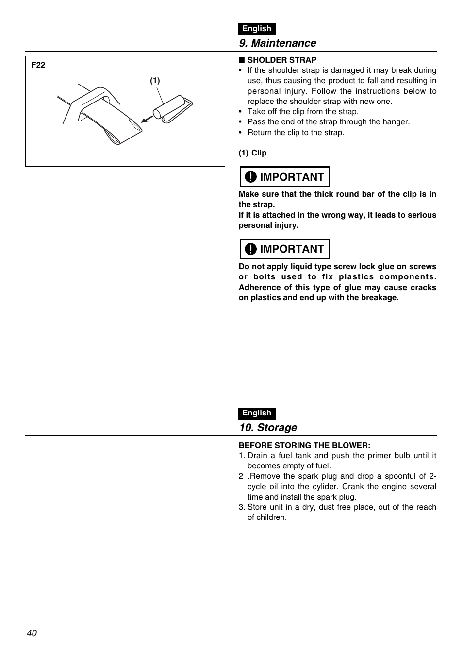 Maintenance, Important, Storage | RedMax EBZ8001 User Manual | Page 40 / 56
