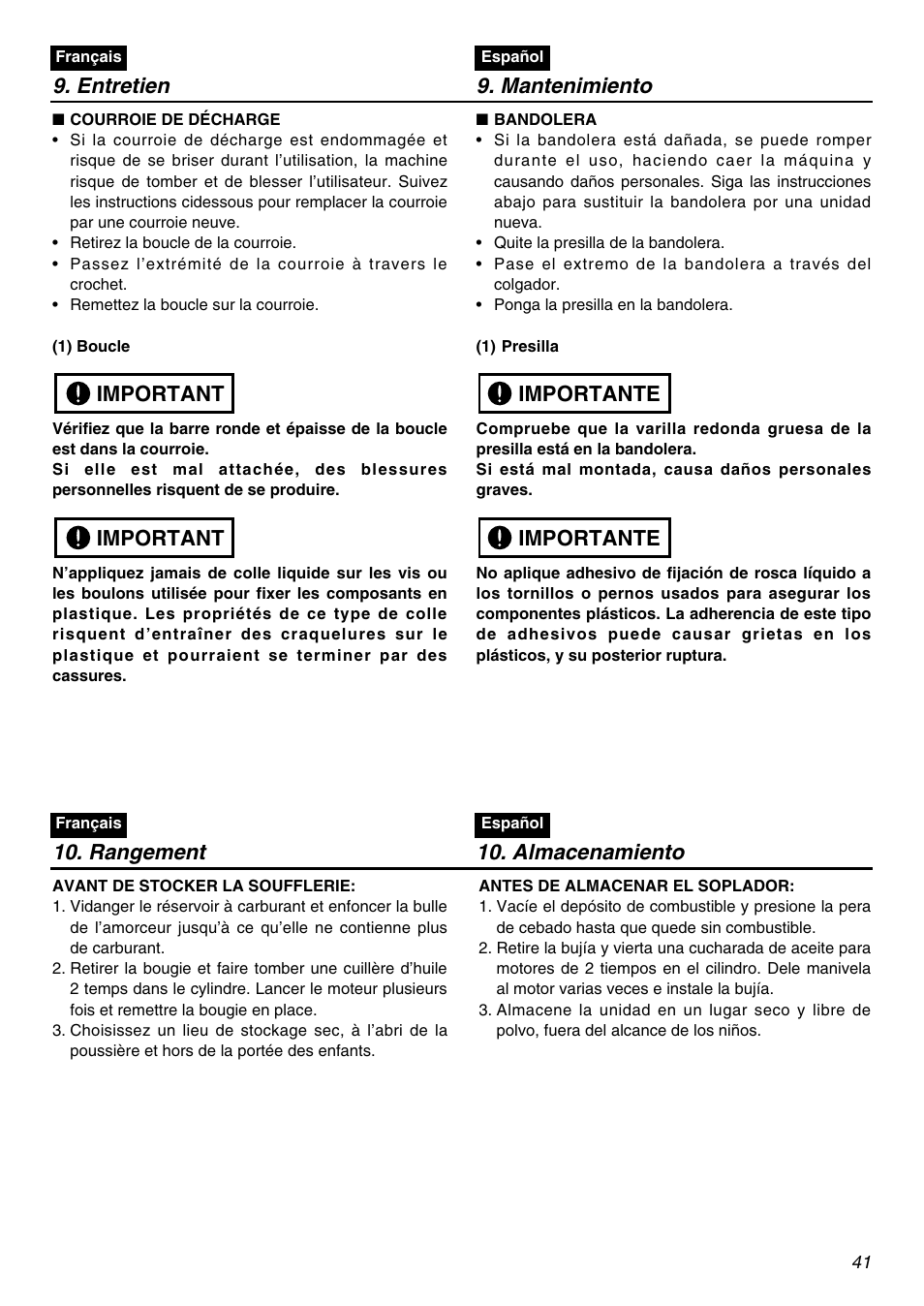 Entretien 9. mantenimiento, Important, Importante | Rangement 10. almacenamiento | RedMax EBZ8001 User Manual | Page 41 / 56