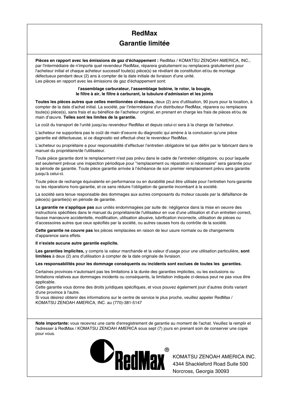 Redmax garantie limitée | RedMax EBZ8001 User Manual | Page 54 / 56