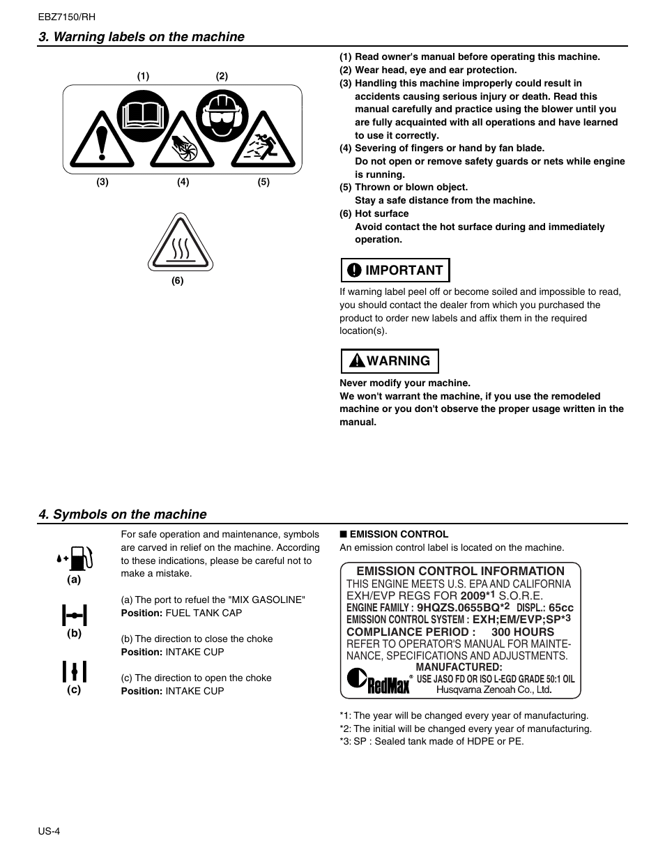 Warning labels, Symbols | RedMax EBZ7150RH User Manual | Page 4 / 18