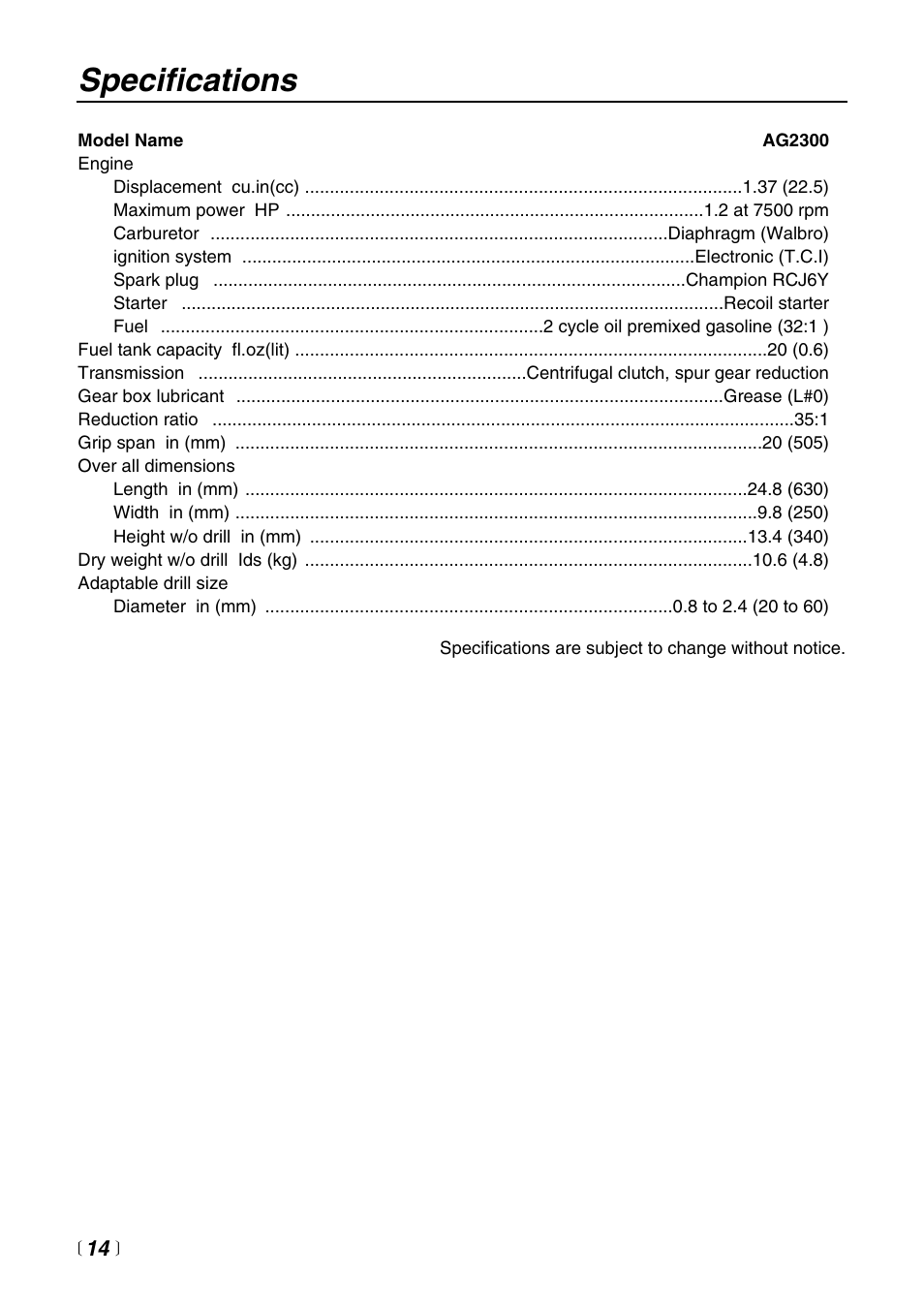 Specifications | RedMax Power Auger AG2300 User Manual | Page 14 / 24