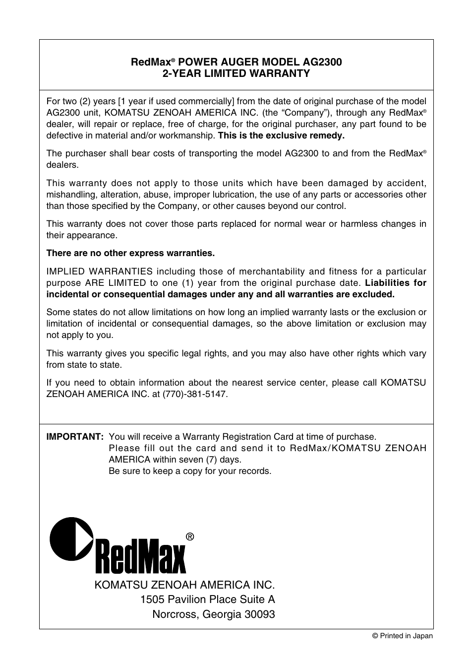 RedMax Power Auger AG2300 User Manual | Page 24 / 24