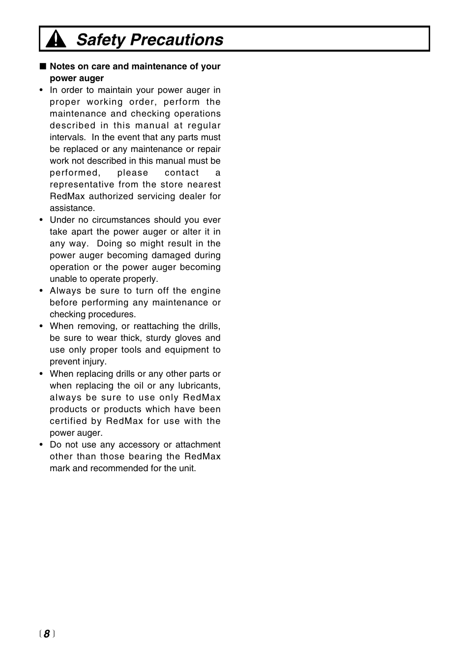 Safety precautions | RedMax Power Auger AG2300 User Manual | Page 8 / 24