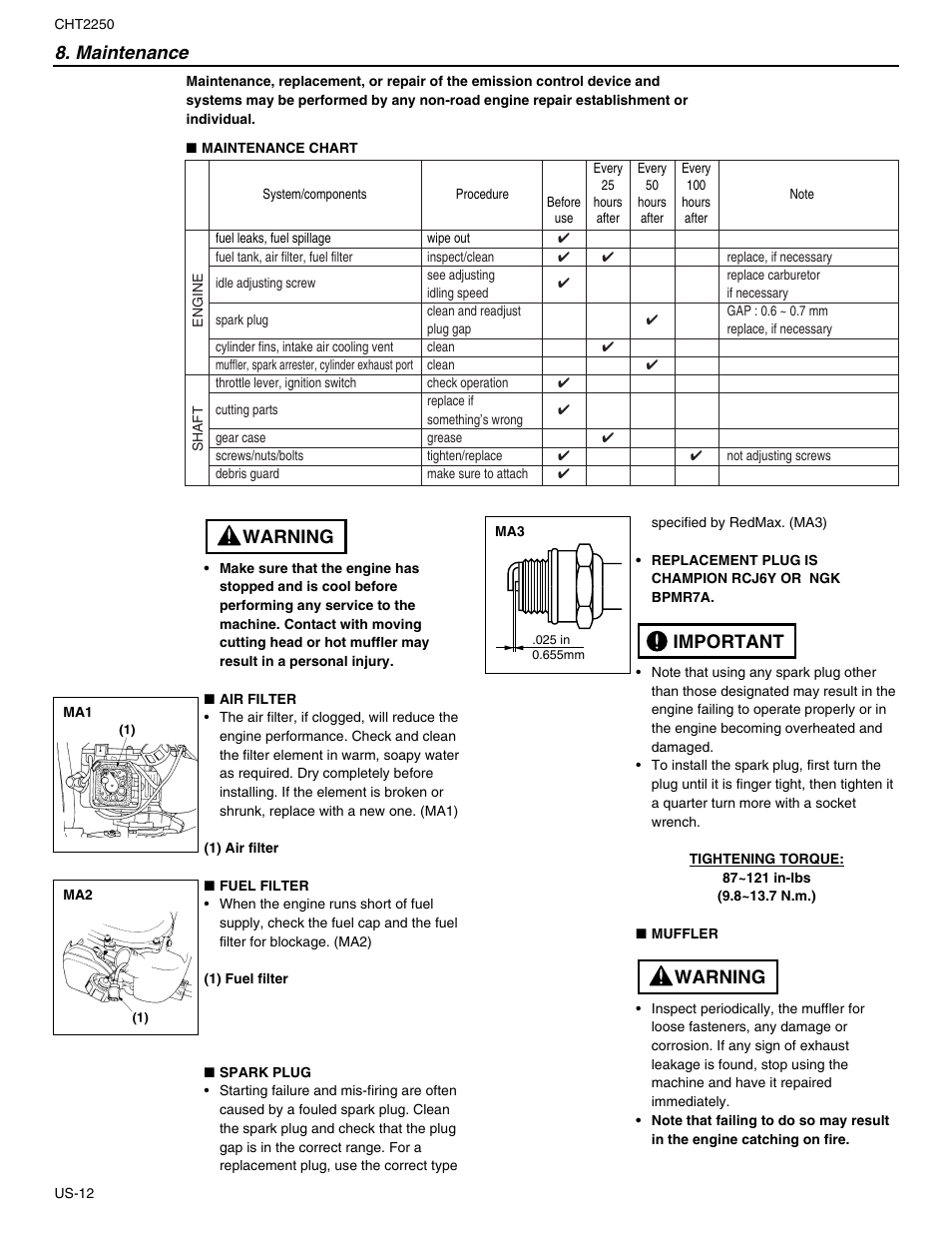 Maintenance, Warning important, Warning | RedMax CHT2250 User Manual | Page 14 / 60