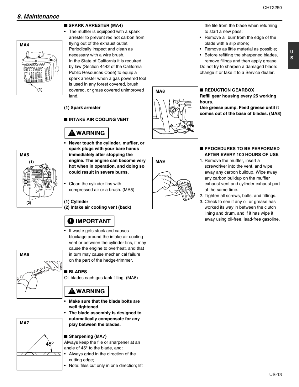 Warning important warning, Maintenance | RedMax CHT2250 User Manual | Page 15 / 60