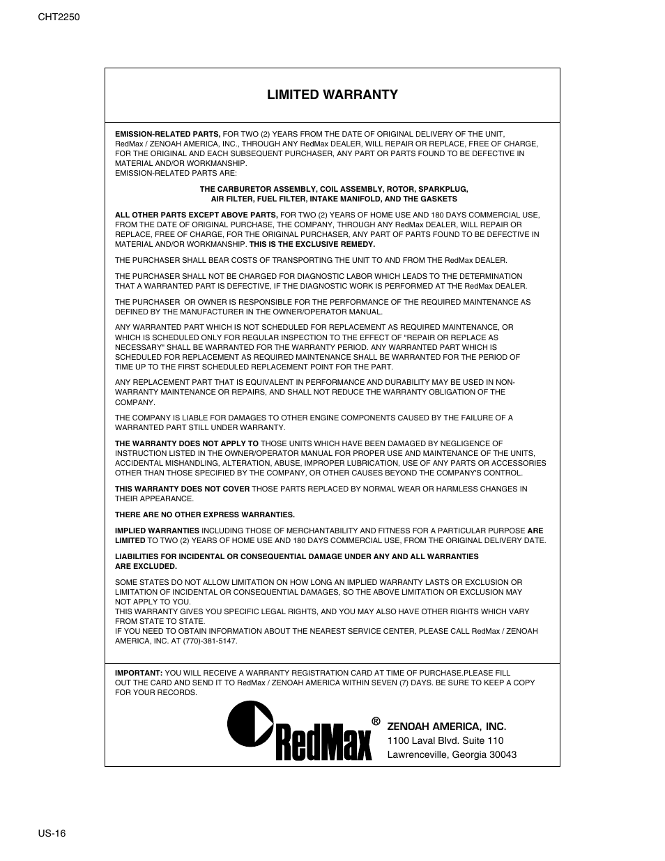 Limited warranty | RedMax CHT2250 User Manual | Page 18 / 60