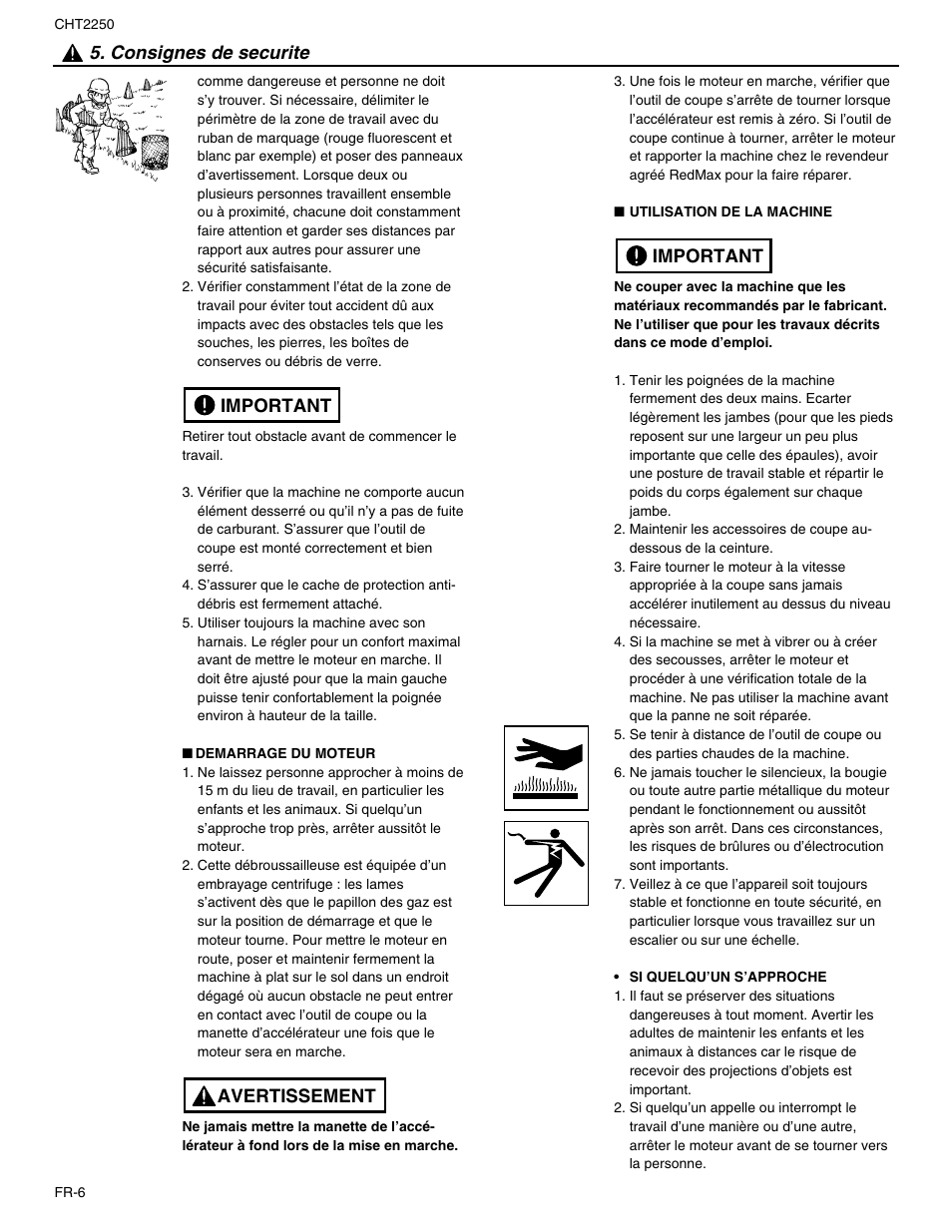 Consignes de securite, Avertissement important, Important | RedMax CHT2250 User Manual | Page 24 / 60