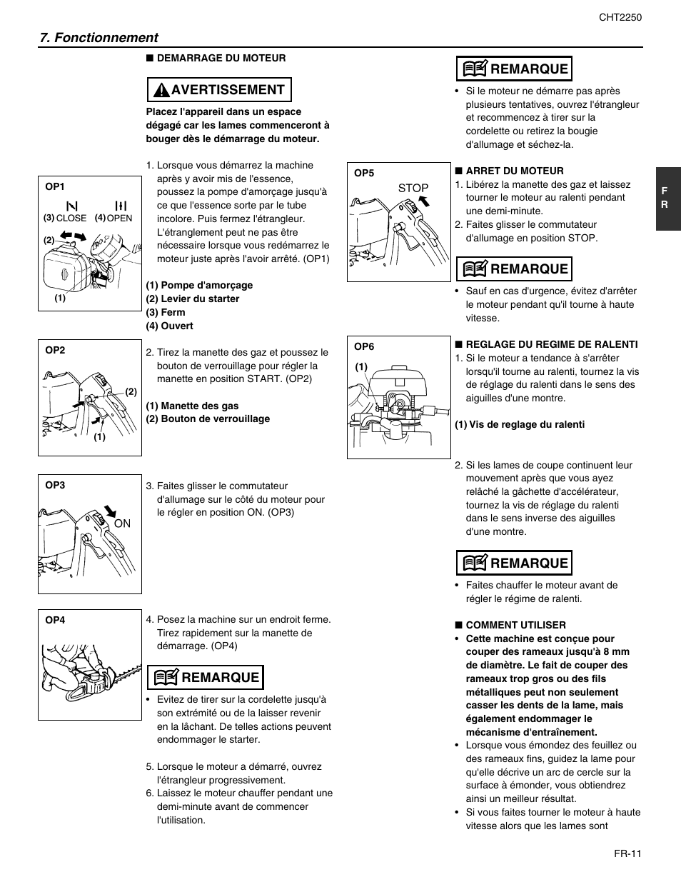 Remarque, Remarque 7. fonctionnement, Remarque avertissement | RedMax CHT2250 User Manual | Page 29 / 60