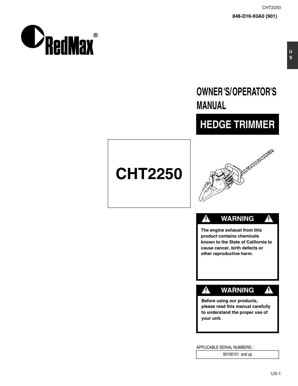 Cht2250, Owner's/operator's manual hedge trimmer | RedMax CHT2250 User Manual | Page 3 / 60