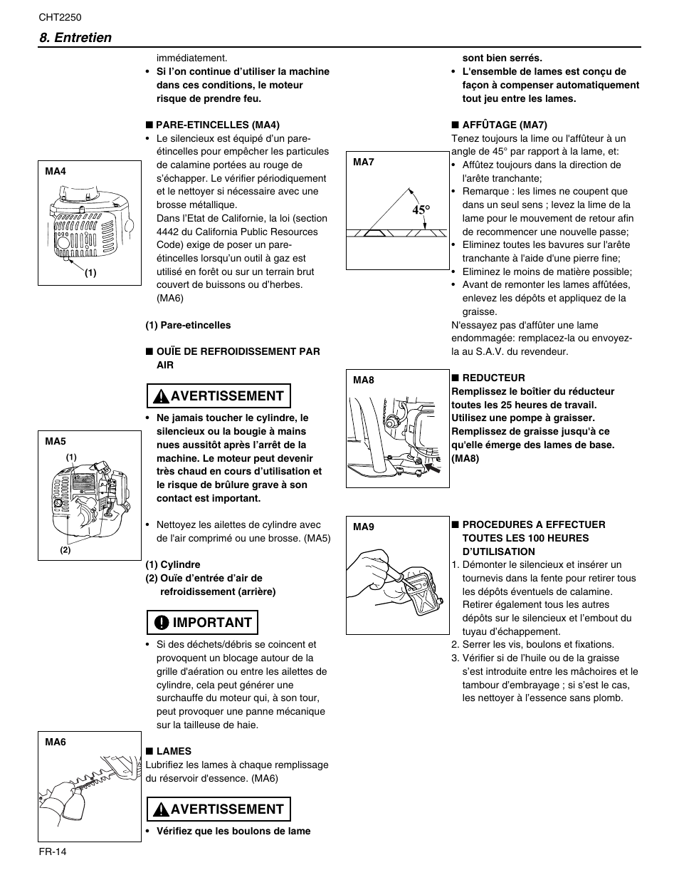 Entretien, Avertissement important avertissement | RedMax CHT2250 User Manual | Page 32 / 60