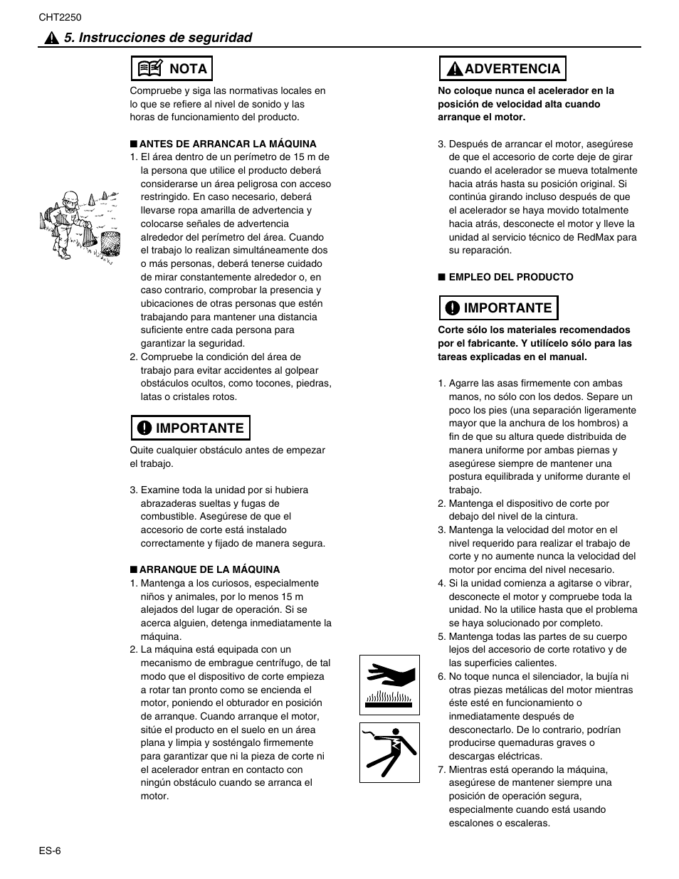 Instrucciones de seguridad, Importante nota, Importante advertencia | RedMax CHT2250 User Manual | Page 42 / 60