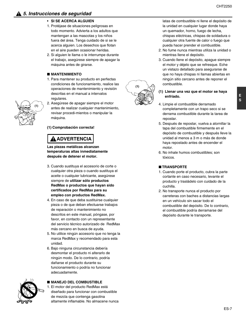 Instrucciones de seguridad, Advertencia | RedMax CHT2250 User Manual | Page 43 / 60