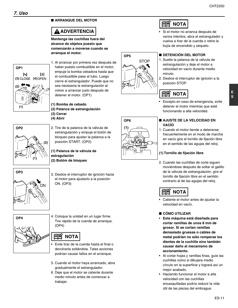 Nota, Nota 7. uso, Nota advertencia | RedMax CHT2250 User Manual | Page 47 / 60