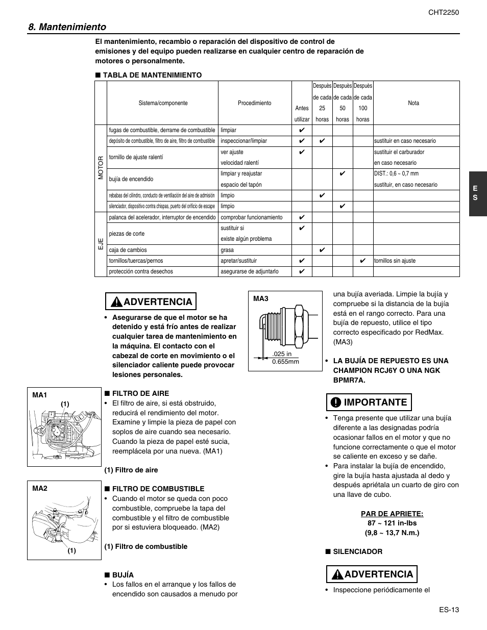 Mantenimiento, Advertencia, Advertencia importante | RedMax CHT2250 User Manual | Page 49 / 60