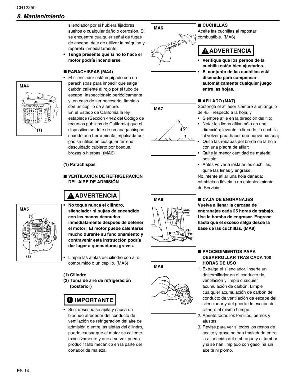 Mantenimiento, Importante advertencia, Advertencia | RedMax CHT2250 User Manual | Page 50 / 60