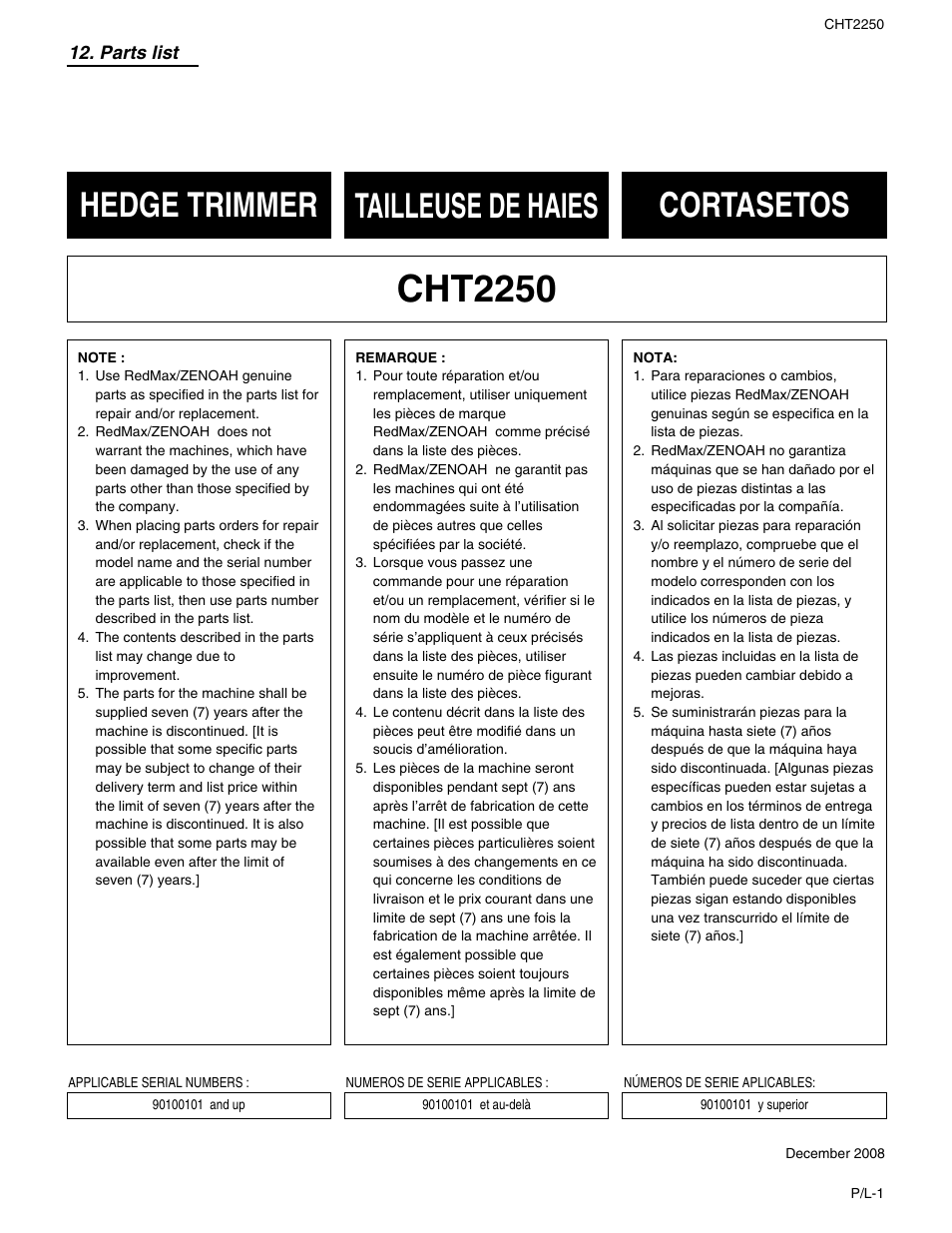 Cht2250, Hedge trimmer tailleuse de haies cortasetos | RedMax CHT2250 User Manual | Page 55 / 60