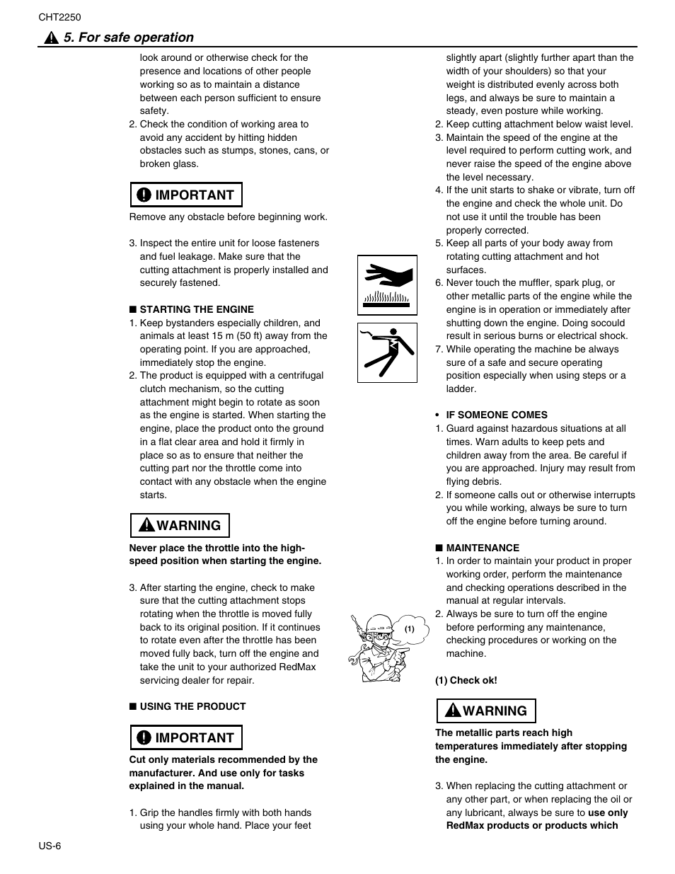 Important warning important, For safe operation, Warning | RedMax CHT2250 User Manual | Page 8 / 60