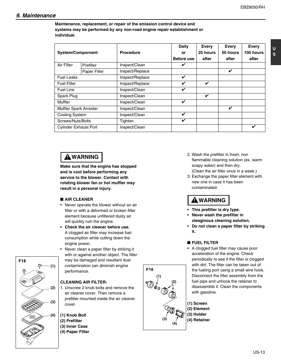Maintenance, Warning | RedMax EBZ8050 User Manual | Page 13 / 18