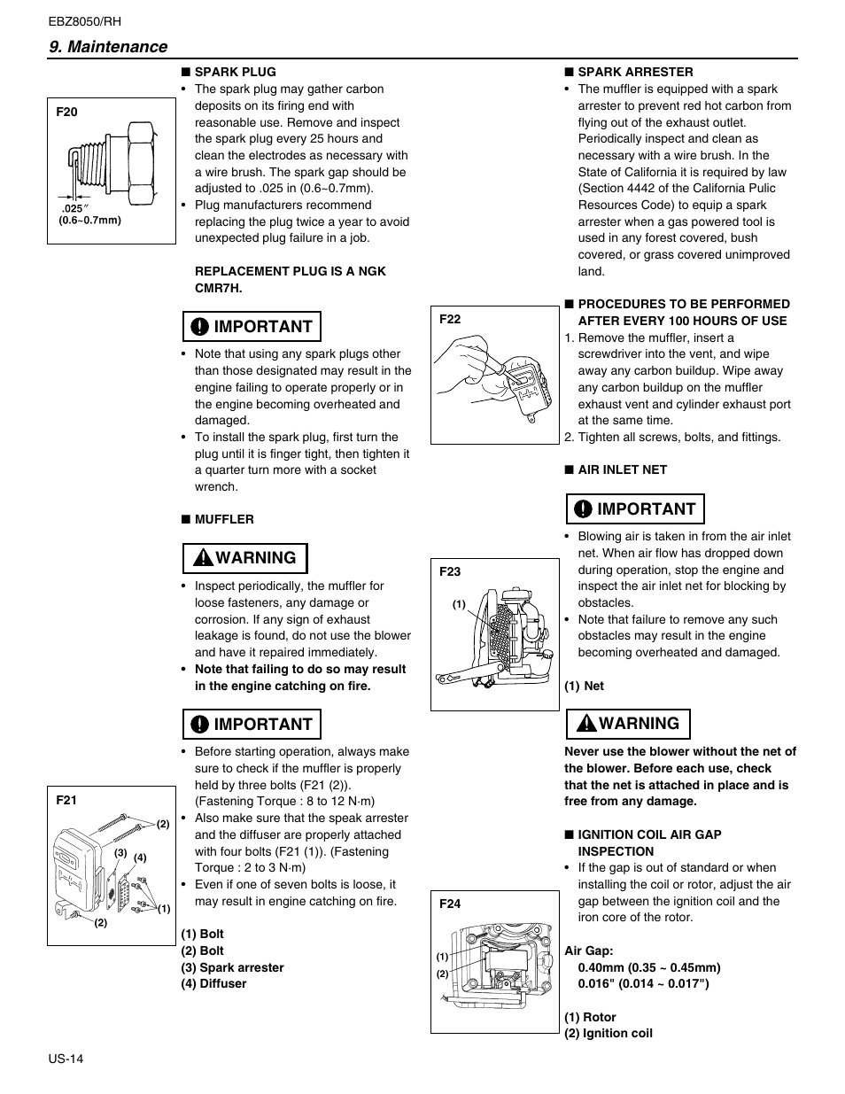 Important warning important, Maintenance, Warning important | RedMax EBZ8050 User Manual | Page 14 / 18