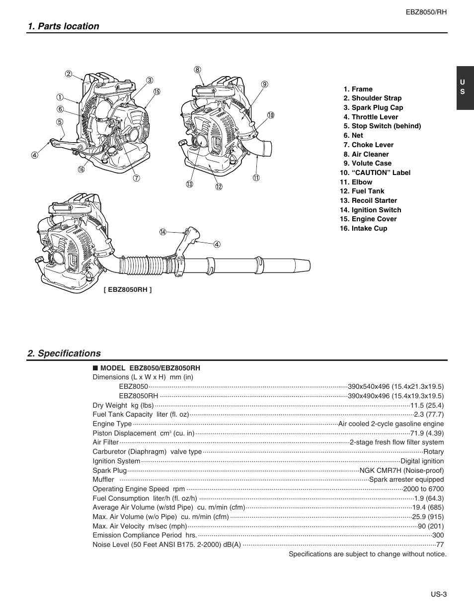 Parts location, Specifications | RedMax EBZ8050 User Manual | Page 3 / 18