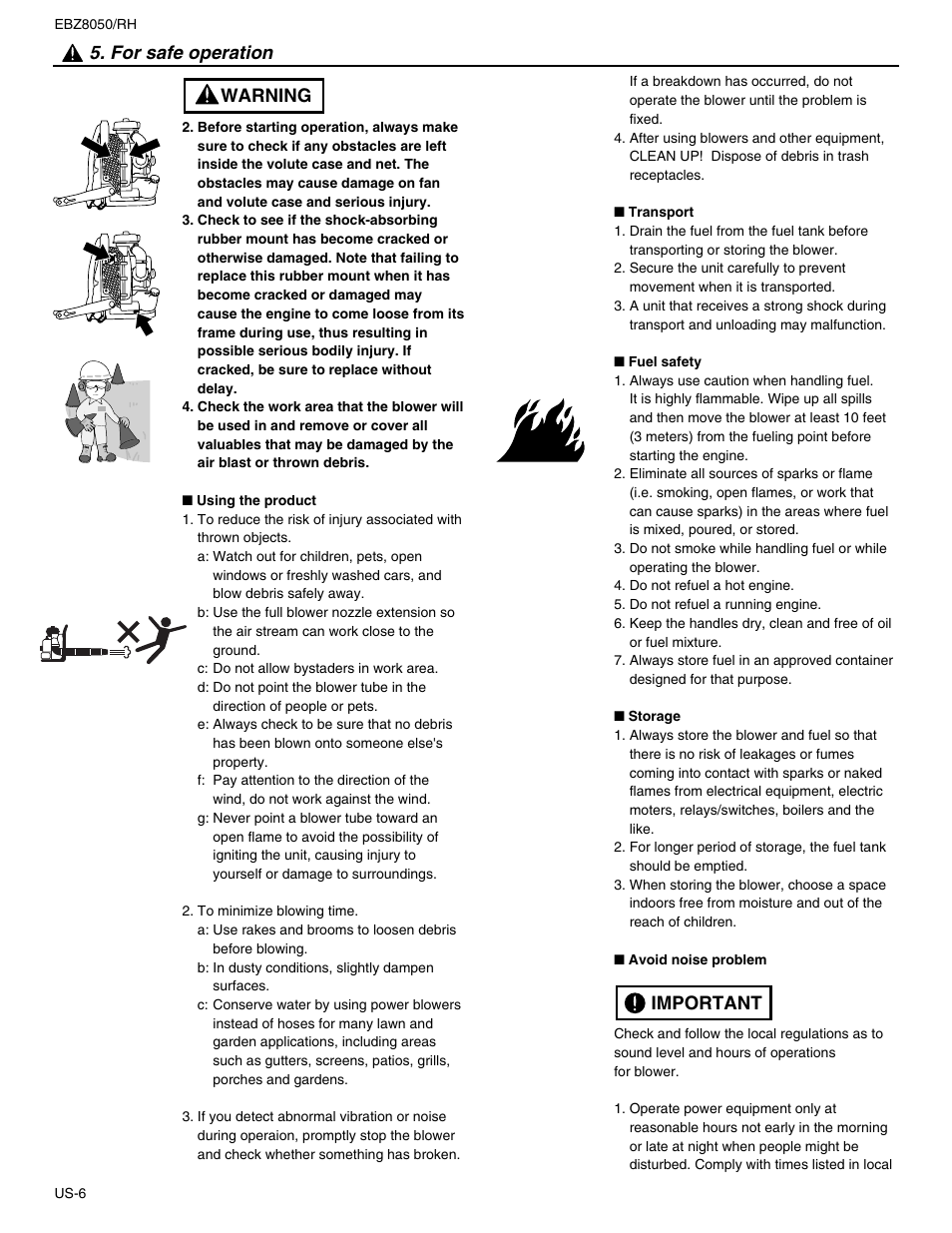 For safe operation, Warning, Important | RedMax EBZ8050 User Manual | Page 6 / 18
