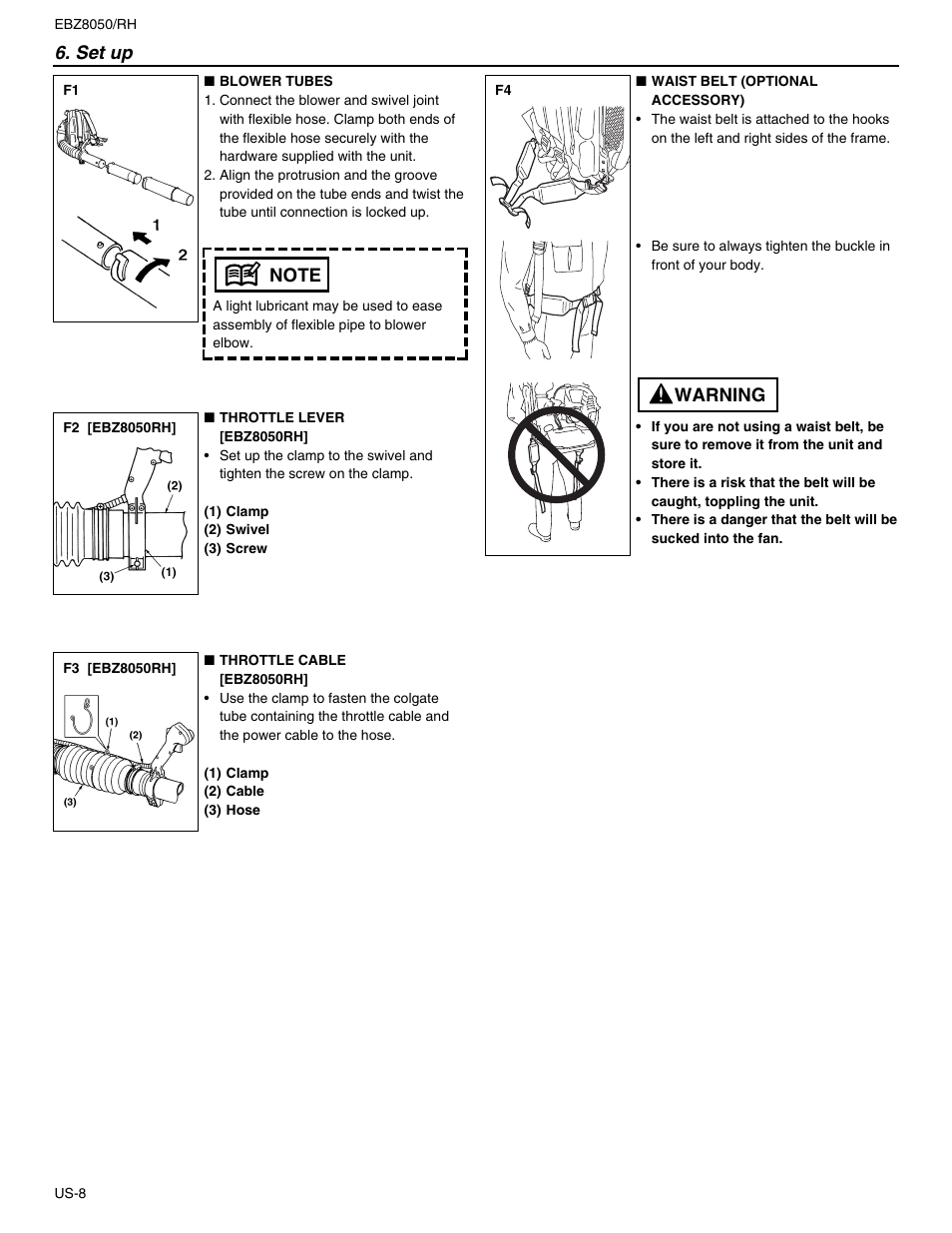 Set up, Warning | RedMax EBZ8050 User Manual | Page 8 / 18