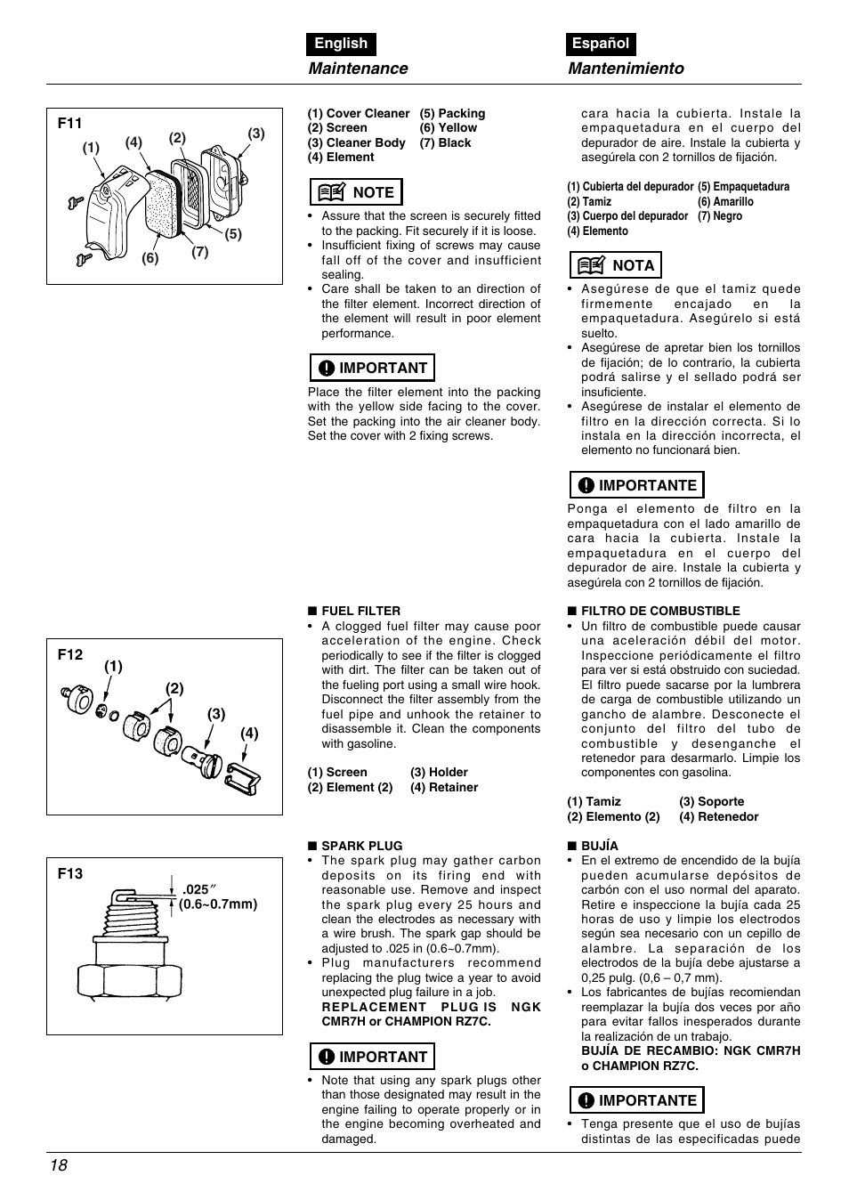 Maintenance, Mantenimiento | RedMax EBZ5000Q User Manual | Page 18 / 36