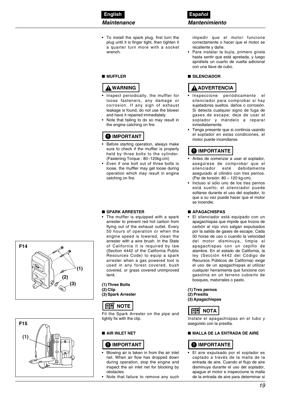 Maintenance, Mantenimiento | RedMax EBZ5000Q User Manual | Page 19 / 36