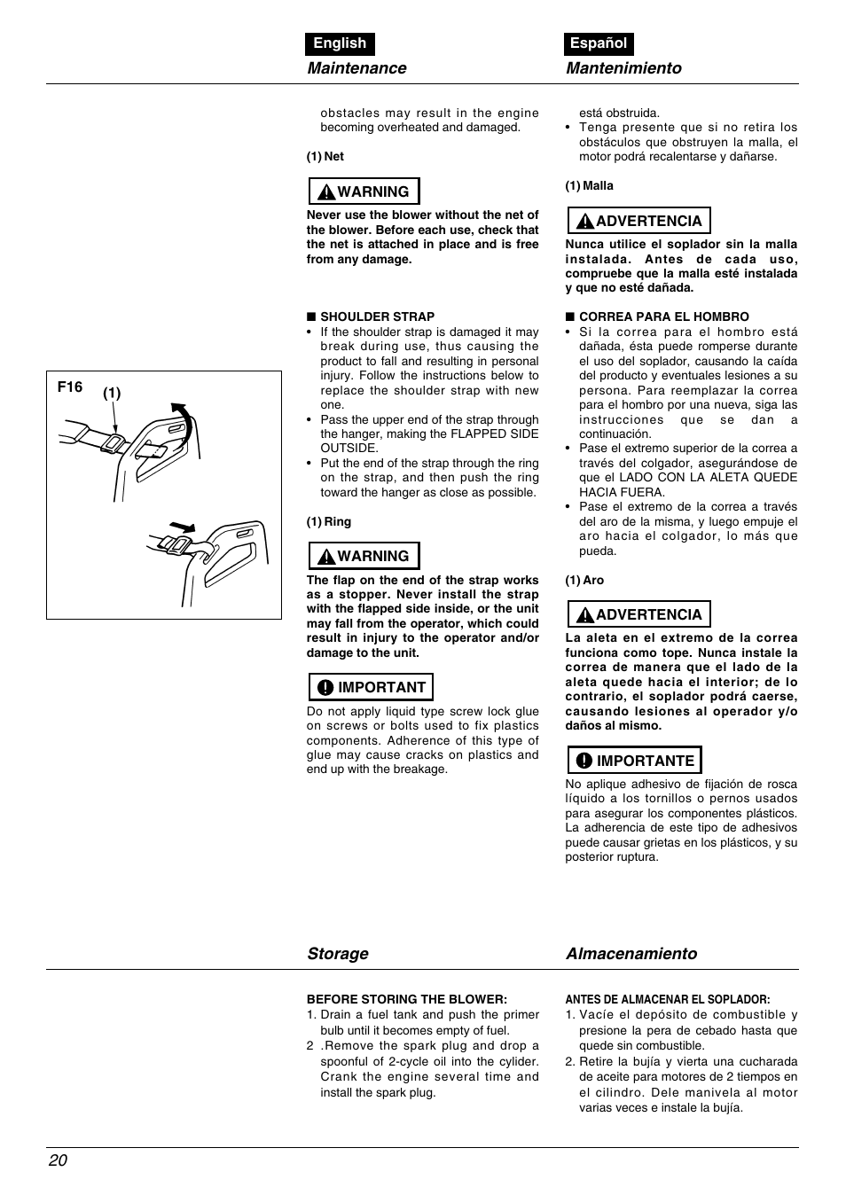 Maintenance, Mantenimiento, Storage | Almacenamiento | RedMax EBZ5000Q User Manual | Page 20 / 36