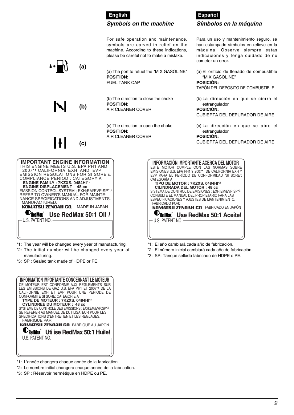 Symbols on the machine, Símbolos en la máquina, Información importante acerca del motor | Information importante concernant le moteur, U.s. patent no | RedMax EBZ5000Q User Manual | Page 9 / 36