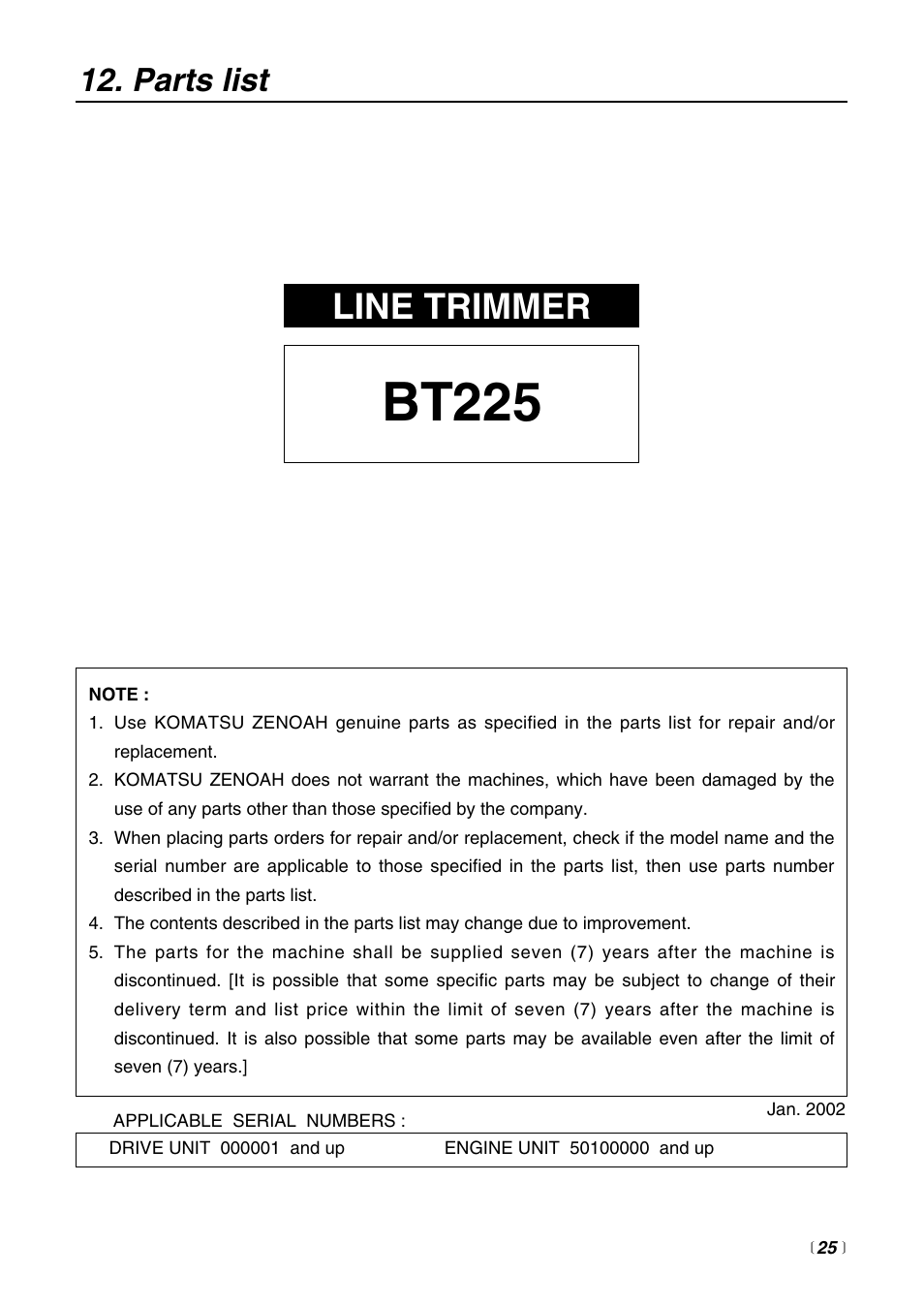 Bt225, Line trimmer, Parts list | RedMax BT225 User Manual | Page 25 / 32