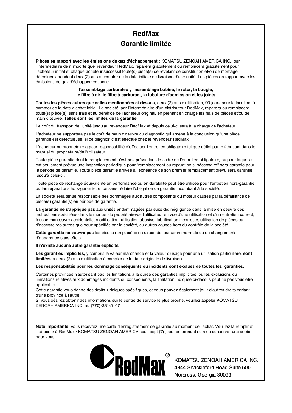 Redmax garantie limitée | RedMax BT225 User Manual | Page 31 / 32