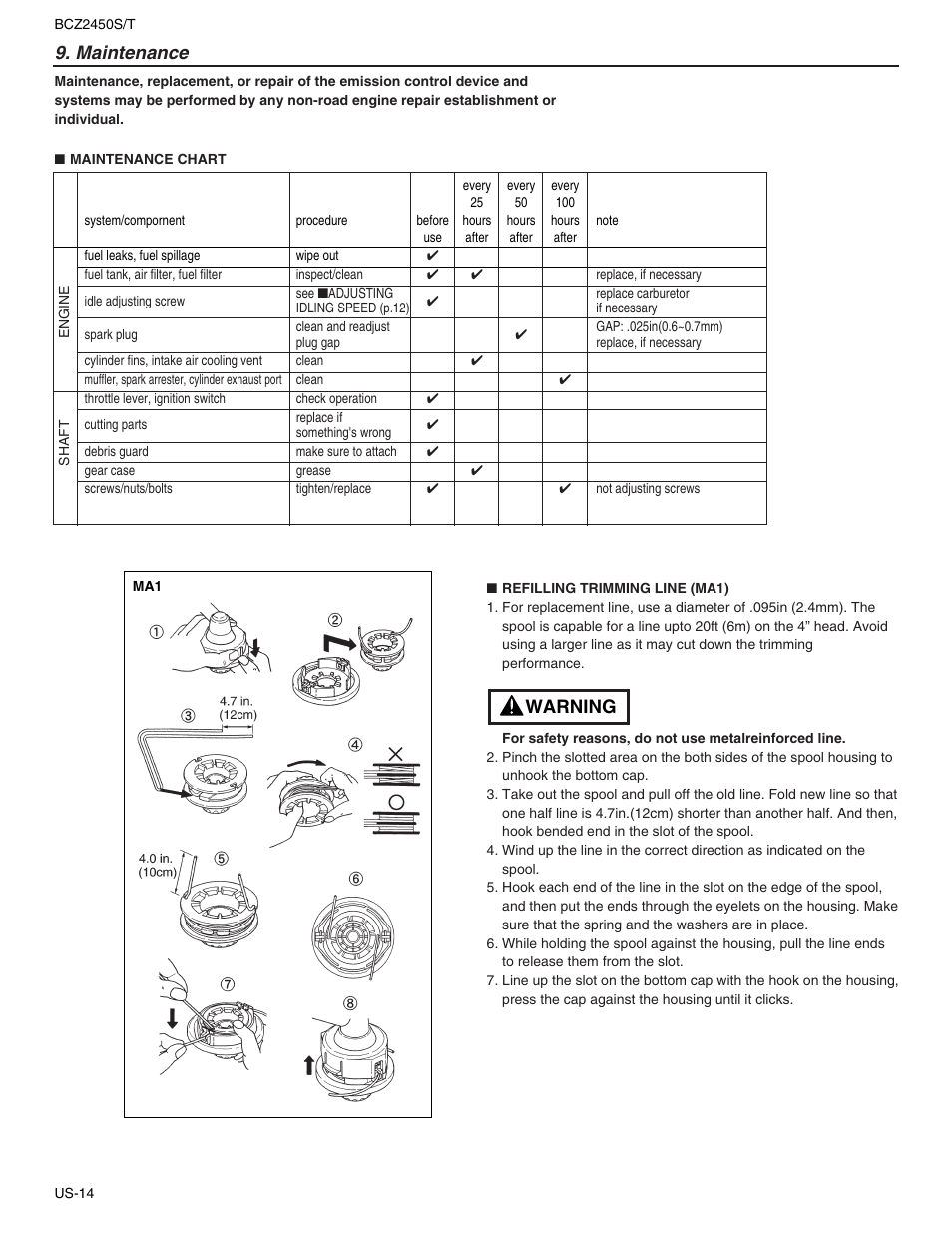 Maintenance, Warning | RedMax BCZ2450T User Manual | Page 16 / 76