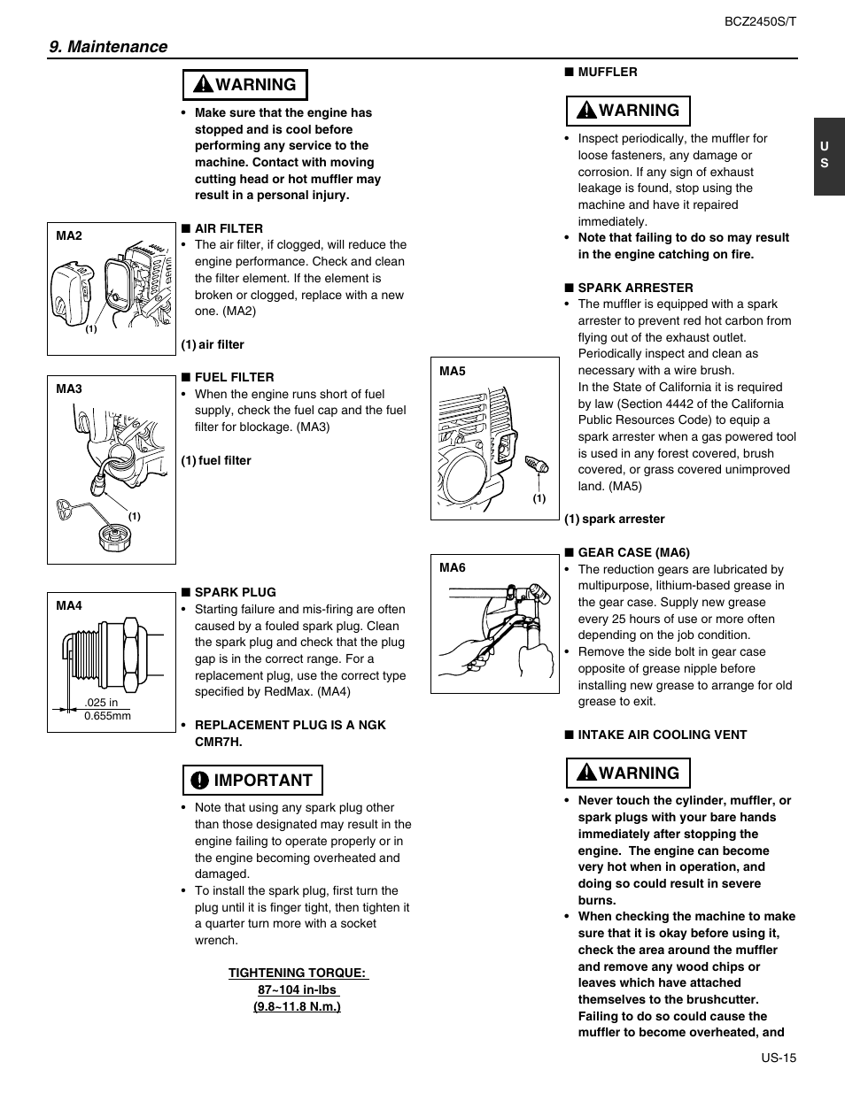 Warning, Important warning, Maintenance | RedMax BCZ2450T User Manual | Page 17 / 76