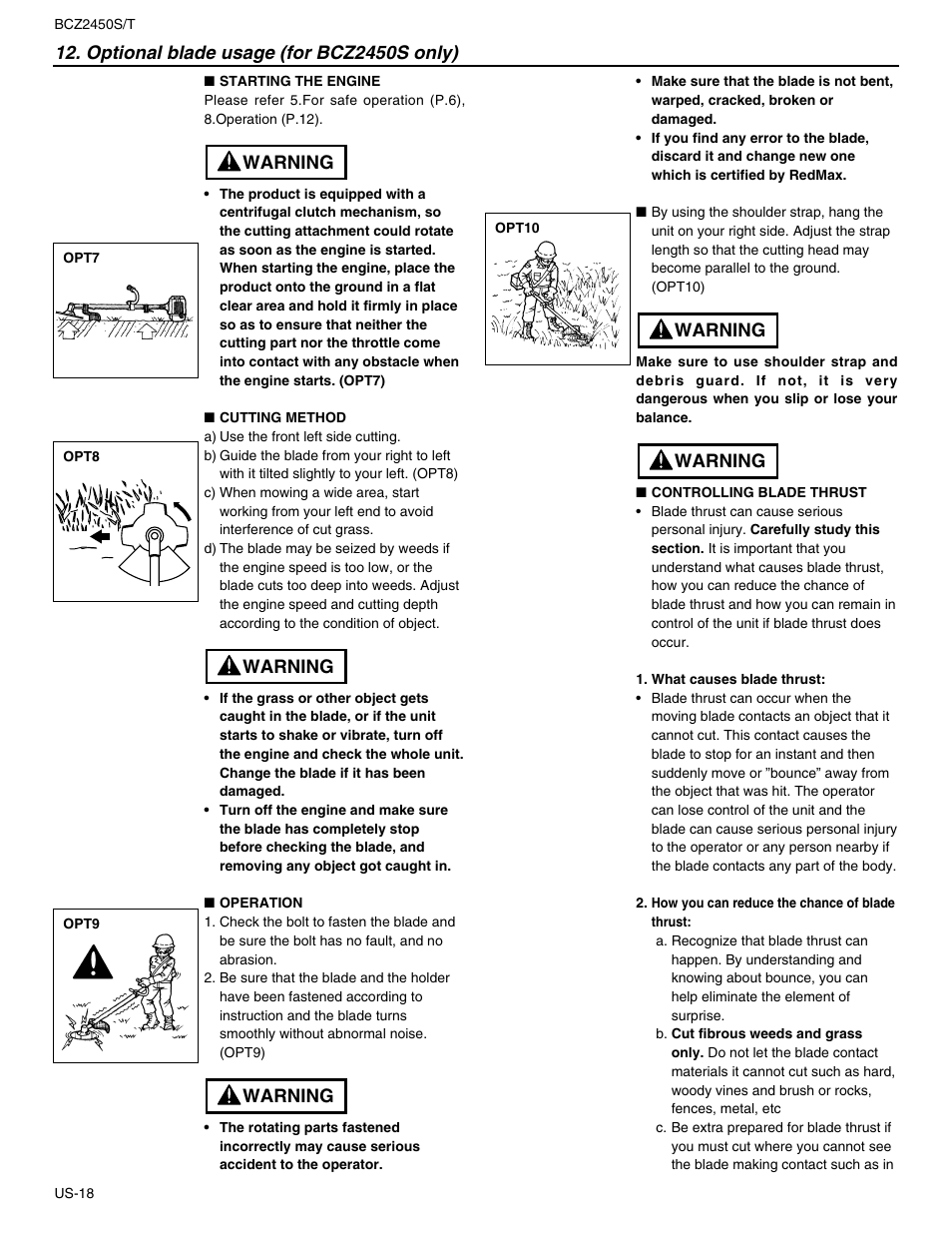 Optional blade usage (for bcz2450s only), Warning | RedMax BCZ2450T User Manual | Page 20 / 76